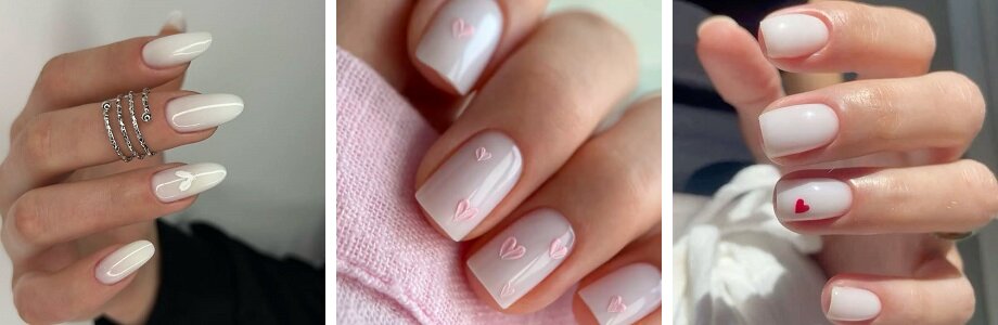 Manicure mleczny z serduszkami