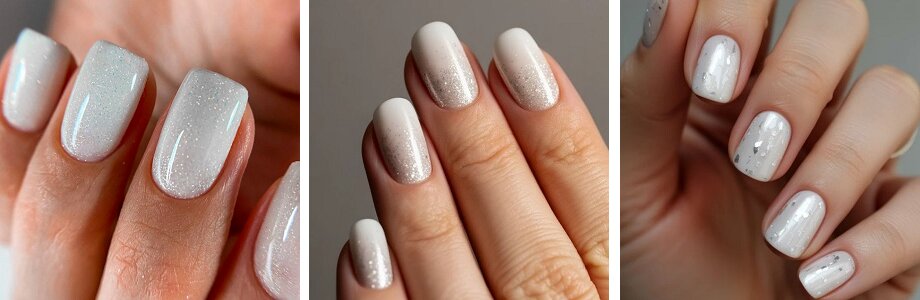Mleczny manicure z brokatem